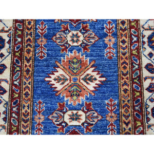 2'9"x4'2" Blue Super Kazak Pure Wool Geometric Design Hand-Knotted Oriental Rug FWR305346
