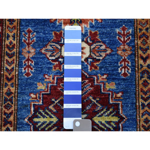 2'9"x4'2" Blue Super Kazak Pure Wool Geometric Design Hand-Knotted Oriental Rug FWR305346