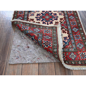 1'10"x6' Pearl White, Kazak With Tribal Medallions Design, Hand Knotted, Soft And Velvety Wool, Denser Weave, Vegetable Dyes, Narrow Runner, Oriental Rug FWR3048
