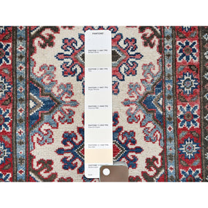 1'10"x6' Pearl White, Kazak With Tribal Medallions Design, Hand Knotted, Soft And Velvety Wool, Denser Weave, Vegetable Dyes, Narrow Runner, Oriental Rug FWR3048