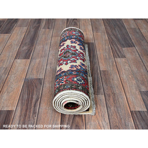 1'10"x6' Pearl White, Kazak With Tribal Medallions Design, Hand Knotted, Soft And Velvety Wool, Denser Weave, Vegetable Dyes, Narrow Runner, Oriental Rug FWR3048