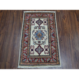 2'1"x3'2" Ivory Super Kazak Pure Wool Geometric Design Hand-knotted Oriental Rug FWR306078