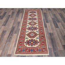 Load image into Gallery viewer, 2&#39;x5&#39;10&quot; Chiffon White, Kazak with Tribal Medallions Design, Hand Knotted, Soft and Velvety Wool, Denser Weave, Vegetable Dyes, Narrow Runner, Oriental Rug FWR3072