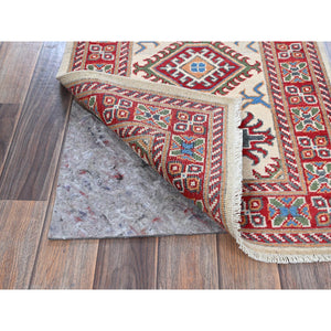 2'x5'10" Chiffon White, Kazak with Tribal Medallions Design, Hand Knotted, Soft and Velvety Wool, Denser Weave, Vegetable Dyes, Narrow Runner, Oriental Rug FWR3072