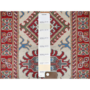 2'x5'10" Chiffon White, Kazak with Tribal Medallions Design, Hand Knotted, Soft and Velvety Wool, Denser Weave, Vegetable Dyes, Narrow Runner, Oriental Rug FWR3072