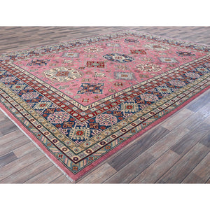 8'9"x11'8" Rose Pink, Kazak With Tribal Medallions Design, Hand Knotted, Soft And Shiny Wool, Vegetable Dyes, Denser Weave, Oriental Rug FWR3084