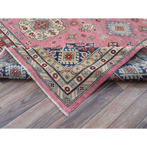 8'9"x11'8" Rose Pink, Kazak With Tribal Medallions Design, Hand Knotted, Soft And Shiny Wool, Vegetable Dyes, Denser Weave, Oriental Rug FWR3084