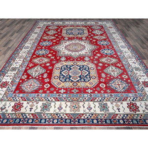 9'x12' Scarlet Red, Kazak with Geometric Medallions Design, Hand Knotted, Soft and Vibrant Wool, Denser Weave, Vegetable Dyes, Oriental Rug FWR3090