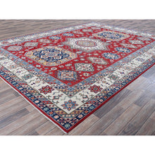 Load image into Gallery viewer, 9&#39;x12&#39; Scarlet Red, Kazak with Geometric Medallions Design, Hand Knotted, Soft and Vibrant Wool, Denser Weave, Vegetable Dyes, Oriental Rug FWR3090