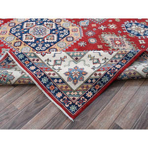 9'x12' Scarlet Red, Kazak with Geometric Medallions Design, Hand Knotted, Soft and Vibrant Wool, Denser Weave, Vegetable Dyes, Oriental Rug FWR3090