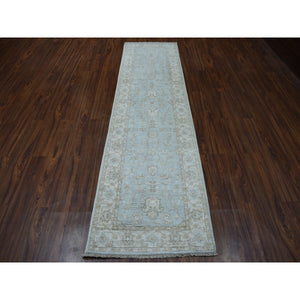 2'7"x9'9" White Wash Peshawar Pure Wool Hand-Knotted Runner Oriental Rug FWR309852