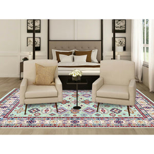 8'x9'10" Pistachio Green, Kazak with Geometric Medallions Design, Soft and Velvety Wool, Hand Knotted, Denser Weave, Vegetable Dyes, Oriental Rug FWR3102