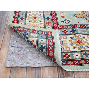 8'x9'10" Pistachio Green, Kazak with Geometric Medallions Design, Soft and Velvety Wool, Hand Knotted, Denser Weave, Vegetable Dyes, Oriental Rug FWR3102