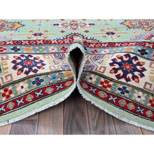 Load image into Gallery viewer, 8&#39;x9&#39;10&quot; Pistachio Green, Kazak with Geometric Medallions Design, Soft and Velvety Wool, Hand Knotted, Denser Weave, Vegetable Dyes, Oriental Rug FWR3102