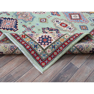 8'x9'10" Pistachio Green, Kazak with Geometric Medallions Design, Soft and Velvety Wool, Hand Knotted, Denser Weave, Vegetable Dyes, Oriental Rug FWR3102