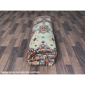8'x9'10" Pistachio Green, Kazak with Geometric Medallions Design, Soft and Velvety Wool, Hand Knotted, Denser Weave, Vegetable Dyes, Oriental Rug FWR3102