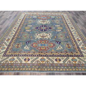 8'x10' Misty Gray, Kazak with Tribal Medallions Design, Hand Knotted, Denser Weave, Soft and Vibrant Wool, Vegetable Dyes, Oriental Rug FWR3126