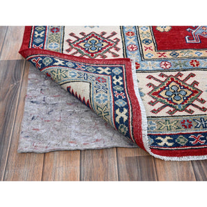 8'2"x9'9" Crimson Red, Kazak with Geometric Medallions Design, Denser Weave, Soft and Velvety Wool, Hand Knotted, Vegetable Dyes, Oriental Rug FWR3138