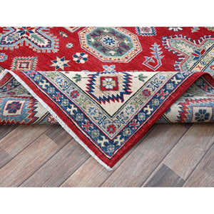 8'2"x9'9" Crimson Red, Kazak with Geometric Medallions Design, Denser Weave, Soft and Velvety Wool, Hand Knotted, Vegetable Dyes, Oriental Rug FWR3138
