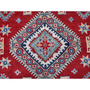 8'2"x9'9" Crimson Red, Kazak with Geometric Medallions Design, Denser Weave, Soft and Velvety Wool, Hand Knotted, Vegetable Dyes, Oriental Rug FWR3138