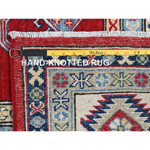 8'2"x9'9" Crimson Red, Kazak with Geometric Medallions Design, Denser Weave, Soft and Velvety Wool, Hand Knotted, Vegetable Dyes, Oriental Rug FWR3138