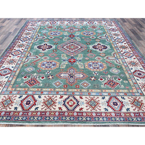 8'x9'7" Mint Green, Kazak With Geometric Pattern, Hand Knotted, Denser Weave, Soft And Velvety Wool, Vegetable Dyes, Oriental Rug FWR3144