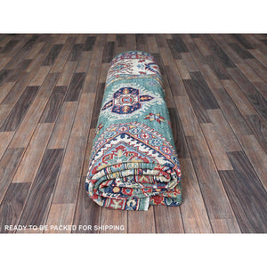 8'x9'7" Mint Green, Kazak With Geometric Pattern, Hand Knotted, Denser Weave, Soft And Velvety Wool, Vegetable Dyes, Oriental Rug FWR3144