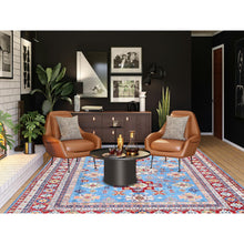Load image into Gallery viewer, 8&#39;9&quot;x12&#39;1&quot; Maya Blue, Kazak with Tribal Medallions Design, Hand Knotted, Soft and Shiny Wool, Denser Weave, Vegetable Dyes, Oriental Rug FWR3150