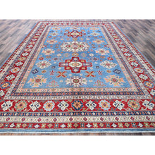 Load image into Gallery viewer, 8&#39;9&quot;x12&#39;1&quot; Maya Blue, Kazak with Tribal Medallions Design, Hand Knotted, Soft and Shiny Wool, Denser Weave, Vegetable Dyes, Oriental Rug FWR3150
