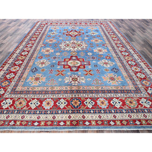 8'9"x12'1" Maya Blue, Kazak with Tribal Medallions Design, Hand Knotted, Soft and Shiny Wool, Denser Weave, Vegetable Dyes, Oriental Rug FWR3150