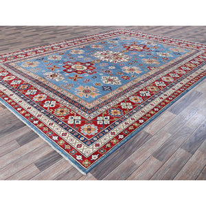 8'9"x12'1" Maya Blue, Kazak with Tribal Medallions Design, Hand Knotted, Soft and Shiny Wool, Denser Weave, Vegetable Dyes, Oriental Rug FWR3150