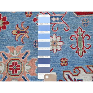 8'9"x12'1" Maya Blue, Kazak with Tribal Medallions Design, Hand Knotted, Soft and Shiny Wool, Denser Weave, Vegetable Dyes, Oriental Rug FWR3150