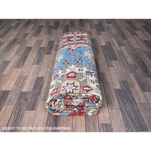 8'9"x12'1" Maya Blue, Kazak with Tribal Medallions Design, Hand Knotted, Soft and Shiny Wool, Denser Weave, Vegetable Dyes, Oriental Rug FWR3150