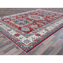 Load image into Gallery viewer, 9&#39;1&quot;x11&#39;9&quot; Crimson Red, Kazak With Geometric Medallions Design, Denser Weave, Hand Knotted, Soft And Velvety Wool, Vegetable Dyes, Oriental Rug FWR3156