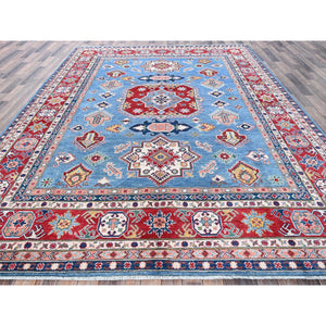 8'10"x11'8" Carolina Blue, Kazak with Geometric Medallions Design, Hand Knotted, Soft and Shiny Wool, Denser Weave, Vegetable Dyes, Oriental Rug FWR3162