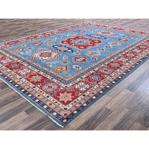 8'10"x11'8" Carolina Blue, Kazak with Geometric Medallions Design, Hand Knotted, Soft and Shiny Wool, Denser Weave, Vegetable Dyes, Oriental Rug FWR3162