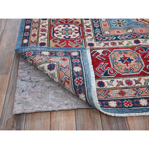 8'10"x11'8" Carolina Blue, Kazak with Geometric Medallions Design, Hand Knotted, Soft and Shiny Wool, Denser Weave, Vegetable Dyes, Oriental Rug FWR3162