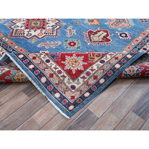 8'10"x11'8" Carolina Blue, Kazak with Geometric Medallions Design, Hand Knotted, Soft and Shiny Wool, Denser Weave, Vegetable Dyes, Oriental Rug FWR3162