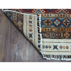 2'7"x9' Ivory Khorjin Design Runner Super Kazak Geometric Hand Knotted Pure Wool Oriental Rug FWR317178