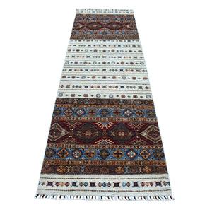 2'9"x9' Ivory Khorjin Design Runner Super Kazak Geometric Hand Knotted Pure Wool Oriental Rug FWR317190