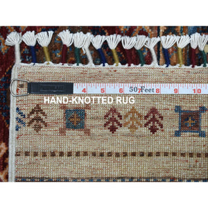 2'9"x9' Ivory Khorjin Design Runner Super Kazak Geometric Hand Knotted Pure Wool Oriental Rug FWR317190