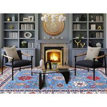 Load image into Gallery viewer, 9&#39;9&quot;x14&#39; Lichen Blue, Kazak with Star Medallions Design, Hand Knotted, Denser Weave, Soft and Shiny Wool, Vegetable Dyes, Oriental Rug FWR3168