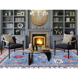 9'9"x14' Lichen Blue, Kazak with Star Medallions Design, Hand Knotted, Denser Weave, Soft and Shiny Wool, Vegetable Dyes, Oriental Rug FWR3168