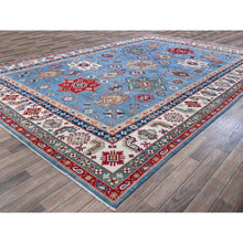 Load image into Gallery viewer, 9&#39;9&quot;x14&#39; Lichen Blue, Kazak with Star Medallions Design, Hand Knotted, Denser Weave, Soft and Shiny Wool, Vegetable Dyes, Oriental Rug FWR3168