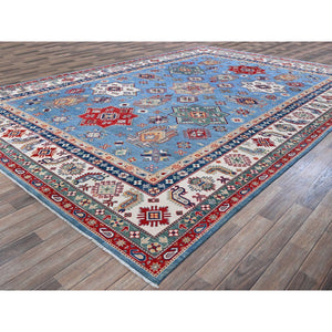9'9"x14' Lichen Blue, Kazak with Star Medallions Design, Hand Knotted, Denser Weave, Soft and Shiny Wool, Vegetable Dyes, Oriental Rug FWR3168