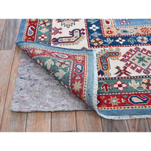 Load image into Gallery viewer, 9&#39;9&quot;x14&#39; Lichen Blue, Kazak with Star Medallions Design, Hand Knotted, Denser Weave, Soft and Shiny Wool, Vegetable Dyes, Oriental Rug FWR3168
