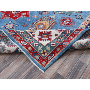 9'9"x14' Lichen Blue, Kazak with Star Medallions Design, Hand Knotted, Denser Weave, Soft and Shiny Wool, Vegetable Dyes, Oriental Rug FWR3168