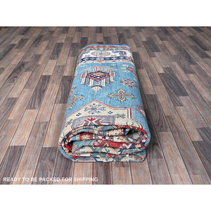 9'9"x14' Lichen Blue, Kazak with Star Medallions Design, Hand Knotted, Denser Weave, Soft and Shiny Wool, Vegetable Dyes, Oriental Rug FWR3168
