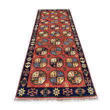 Load image into Gallery viewer, 4&#39;x10&#39;2&quot; Red Afghan Turkoman Ersari Wide Runner Tekke Design Hand Knotted Pure Wool Oriental Rug FWR318756