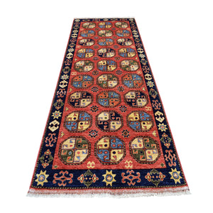 4'x10'2" Red Afghan Turkoman Ersari Wide Runner Tekke Design Hand Knotted Pure Wool Oriental Rug FWR318756